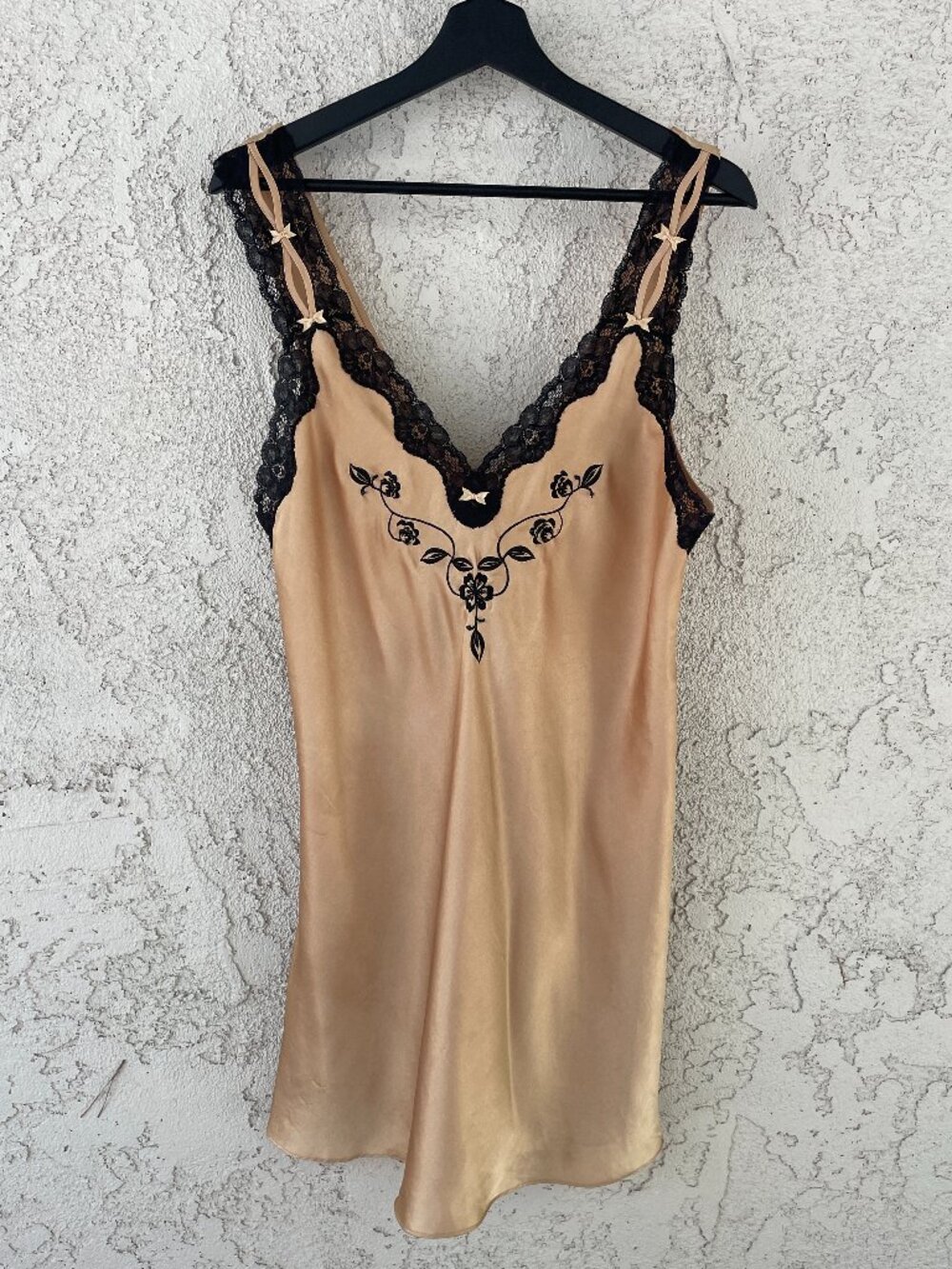 Vtg Cinema Etoile Champagne Satin Lace Chemise Slip Dress Floral Embroidery L